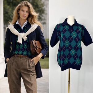 Vtg Argyle Sweater Polo Wool Angora Preppy L Ivy League Old Money Quiet Luxury